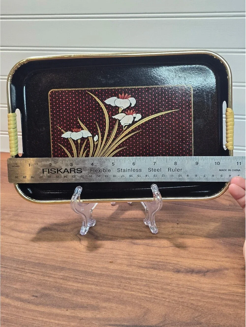 Vintage Toyo Japan Black Lacquer Tray Iris Floral Bamboo Handle Platter